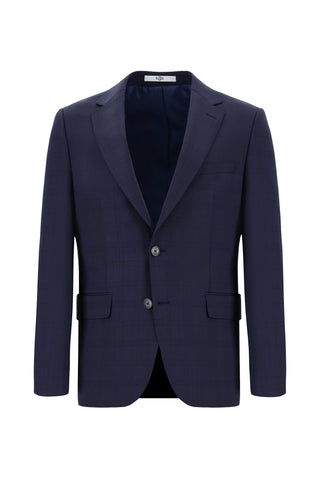  Koyu Lacivert Slim Fit Dar Kesim Yünlü Ekose Takım Elbise