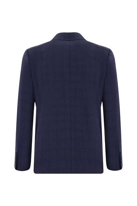 Koyu Lacivert 7 Drop Slim Fit Dar Kesim Yünlü Ekose Takım Elbise