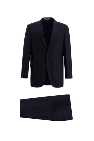  Orta Lacivert Relaxed Fit Rahat Kesim Yünlü Klasik Ekose Takım Elbise