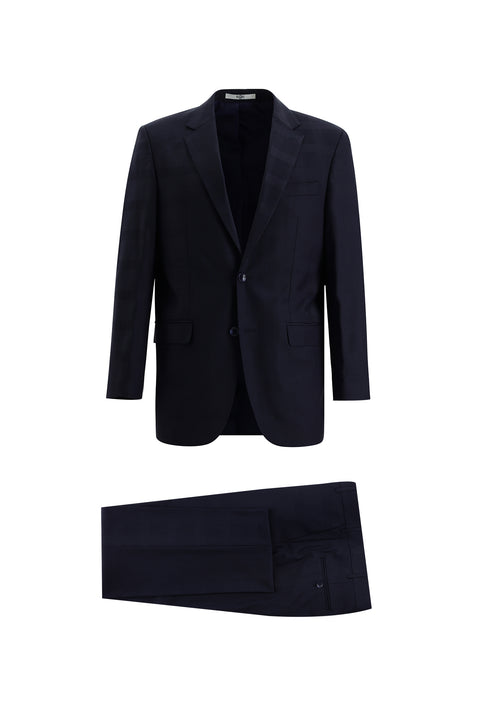 Orta Lacivert 4 Drop Relaxed Fit Rahat Kesim Yünlü Ekose Takım Elbise