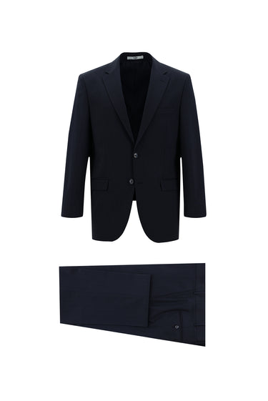 Orta Lacivert Slim Fit Dar Kesim Yünlü Klasik Desenli Takım Elbise