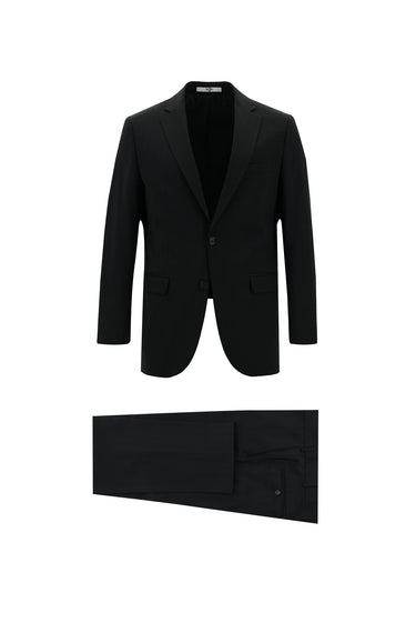 Koyu Antrasit Slim Fit Dar Kesim Yünlü Klasik Desenli Takım Elbise