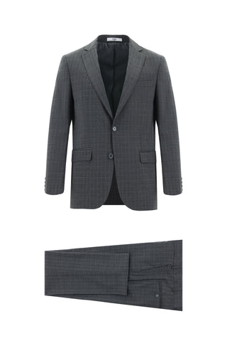  Koyu Füme 7 Drop Slim Fit Dar Kesim Yünlü Ekose Takım Elbise