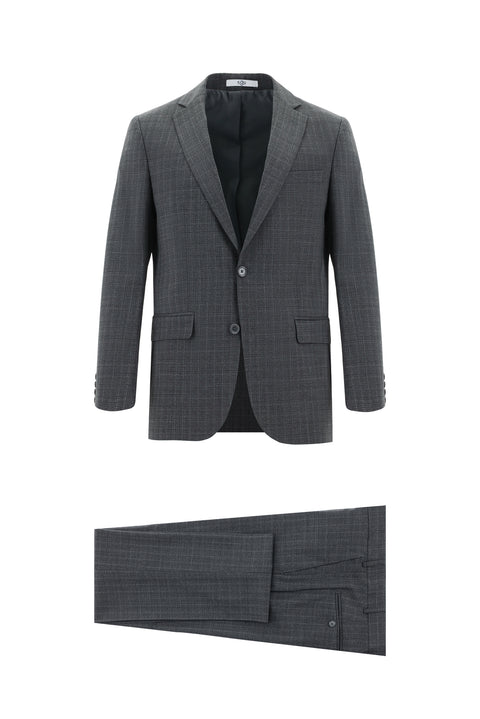 Koyu Füme 7 Drop Slim Fit Dar Kesim Yünlü Ekose Takım Elbise