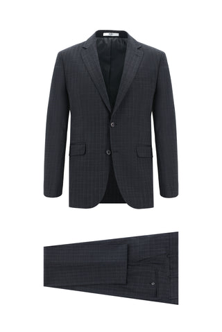  Koyu Antrasit 7 Drop Slim Fit Dar Kesim Yünlü Ekose Takım Elbise