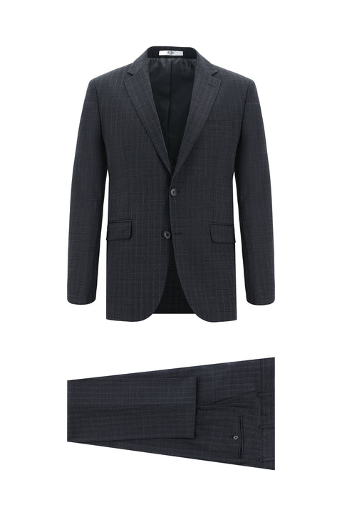 Koyu Antrasit 7 Drop Slim Fit Dar Kesim Yünlü Ekose Takım Elbise