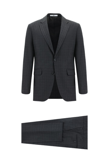 Orta Antrasit Slim Fit Dar Kesim Yünlü Klasik Ekose Takım Elbise