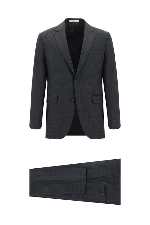 Orta Antrasit 7 Drop Slim Fit Dar Kesim Yünlü Ekose Takım Elbise