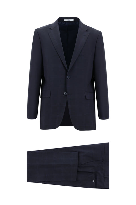 Koyu Lacivert 4 Drop Relaxed Fit Rahat Kesim Yünlü Ekose Takım Elbise