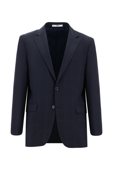Koyu Lacivert Relaxed Fit Rahat Kesim Yünlü Klasik Ekose Takım Elbise