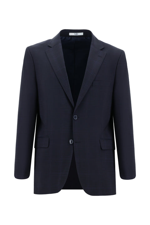 Koyu Lacivert 4 Drop Relaxed Fit Rahat Kesim Yünlü Ekose Takım Elbise