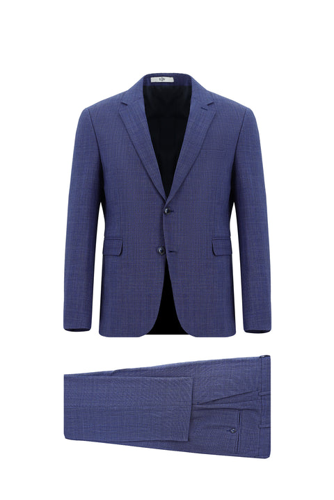 Orta Lacivert 7 Drop Slim Fit Dar Kesim Yünlü Ekose Gofre Takım Elbise