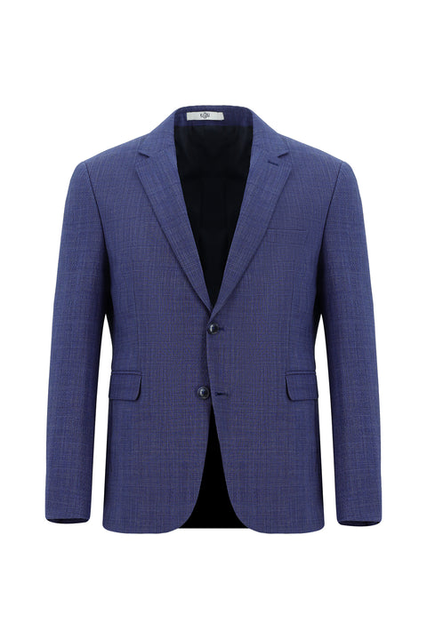 Orta Lacivert 7 Drop Slim Fit Dar Kesim Yünlü Ekose Gofre Takım Elbise