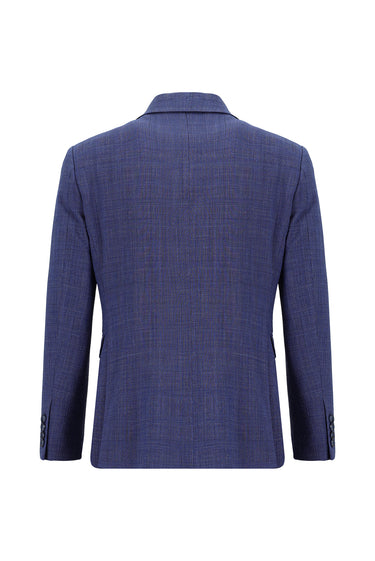  Orta Lacivert Slim Fit Dar Kesim Yünlü Ekose Gofre Takım Elbise
