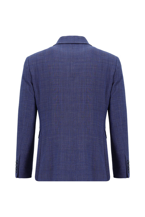 Orta Lacivert 7 Drop Slim Fit Dar Kesim Yünlü Ekose Gofre Takım Elbise