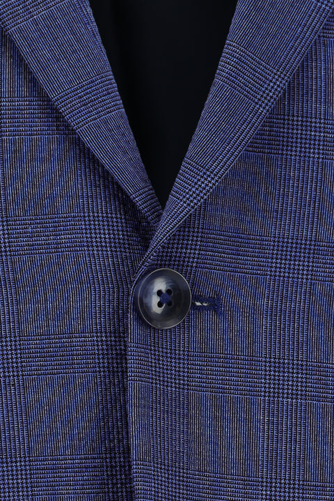 Orta Lacivert 7 Drop Slim Fit Dar Kesim Yünlü Ekose Gofre Takım Elbise