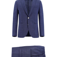 Orta Lacivert Super Slim Fit Ekstra Dar Kesim Beli Lastikli İpli Ekose Yünlü Gofre Takım Elbise