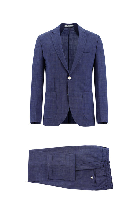 Orta Lacivert 7 Drop Super Slim Fit Eksra Dar Kesim Beli Lastikli İpli Ekose Yünlü Gofre Takım Elbise