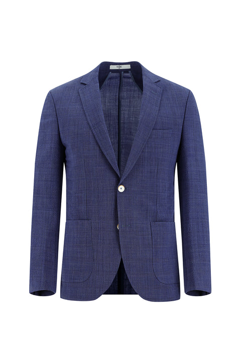 Orta Lacivert 7 Drop Super Slim Fit Eksra Dar Kesim Beli Lastikli İpli Ekose Yünlü Gofre Takım Elbise