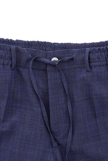 Orta Lacivert Super Slim Fit Ekstra Dar Kesim Beli Lastikli İpli Ekose Yünlü Gofre Takım Elbise