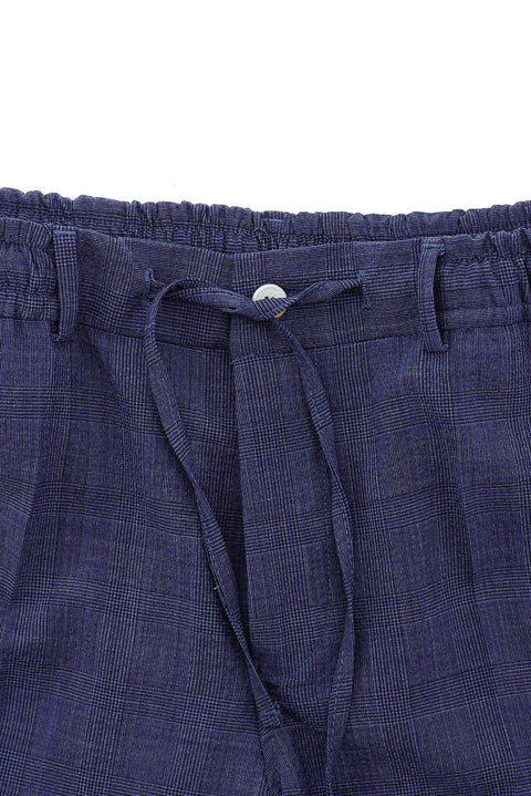 Orta Lacivert 7 Drop Super Slim Fit Eksra Dar Kesim Beli Lastikli İpli Ekose Yünlü Gofre Takım Elbise