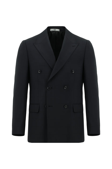 Siyah 6 Drop Regular Fit Standart Kesim Yünlü Ekose Kruvaze Takım Elbise