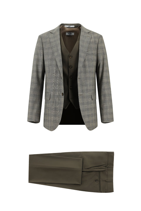 Koyu Vizon 6 Drop Regular Fit Standart Kesim Kombinli Yelekli Ekose Takım Elbise