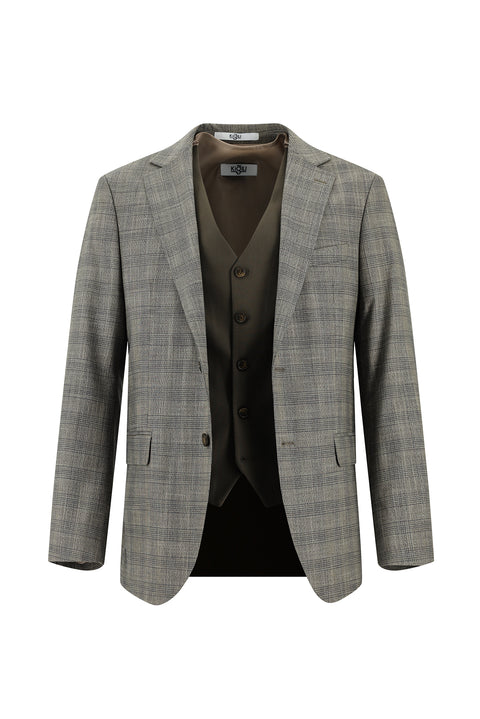 Koyu Vizon 6 Drop Regular Fit Standart Kesim Kombinli Yelekli Ekose Takım Elbise