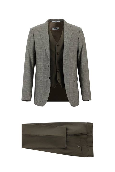 Koyu Vizon 6 Drop Regular Fit Standart Kesim Kombinli Yelekli Ekose Takım Elbise