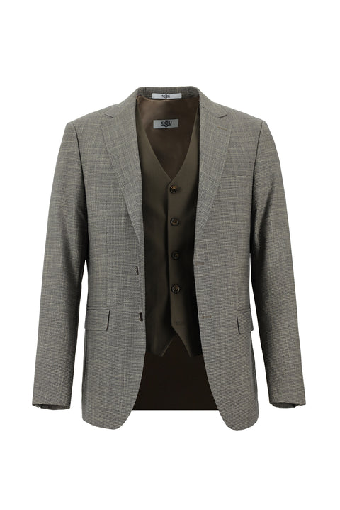 Koyu Vizon 6 Drop Regular Fit Standart Kesim Kombinli Yelekli Ekose Takım Elbise