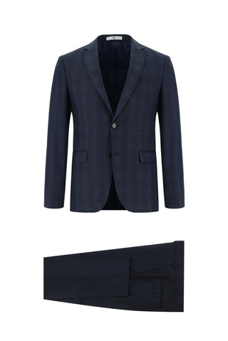  Orta Lacivert Super Slim Fit Ekstra Dar Kesim Kombinli Ekose Takım Elbise