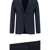 Orta Lacivert 7 Drop Slim Fit Dar Kesim Kombinli Ekose Takım Elbise