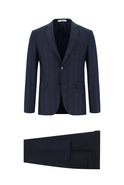 Orta Lacivert 7 Drop Slim Fit Dar Kesim Kombinli Ekose Takım Elbise