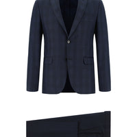 Orta Lacivert Slim Fit Dar Kesim Kombinli Ekose Takım Elbise