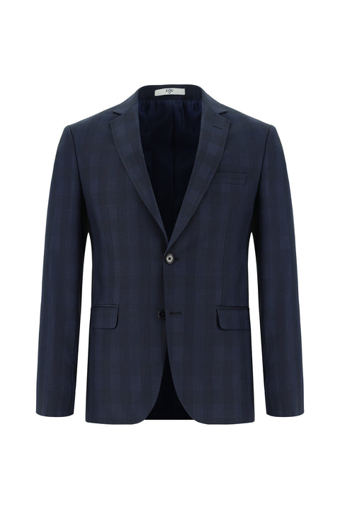 Orta Lacivert 7 Drop Slim Fit Dar Kesim Kombinli Ekose Takım Elbise