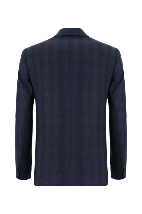 Orta Lacivert 7 Drop Slim Fit Dar Kesim Kombinli Ekose Takım Elbise