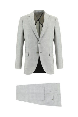  Açık Gri Regular Fit Ekose Keten Karışımlı Takım Elbise