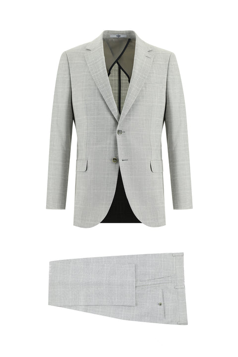 Açık Gri 6 Drop Regular Fit Standart Kesim Ekose Keten Karışımlı Takım Elbise