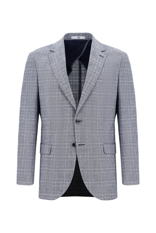  Koyu Lacivert Regular Fit Ekose Keten Karışımlı Takım Elbise