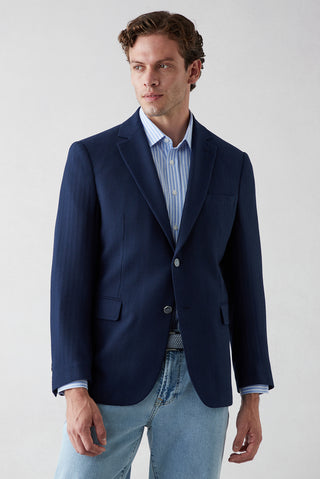  Orta Lacivert 4 Drop Relaxed Fit Rahat Kesim Mono Yaka Desenli Blazer Ceket