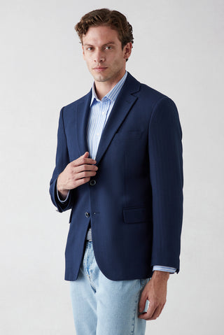  Orta Lacivert 4 Drop Relaxed Fit Rahat Kesim Mono Yaka Desenli Blazer Ceket