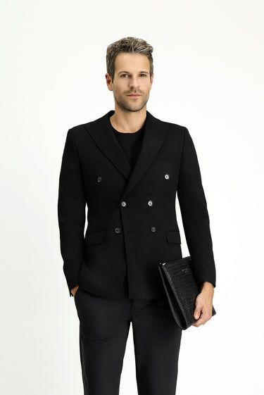  Siyah Slim Fit Dar Kesim Kruvaze Ceket