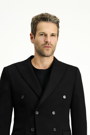  Siyah Slim Fit Dar Kesim Kruvaze Ceket