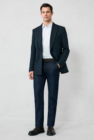  Koyu Lacivert 7 Drop Slim Fit Dar Kesim Mevsimlik Kruvaze Ceket