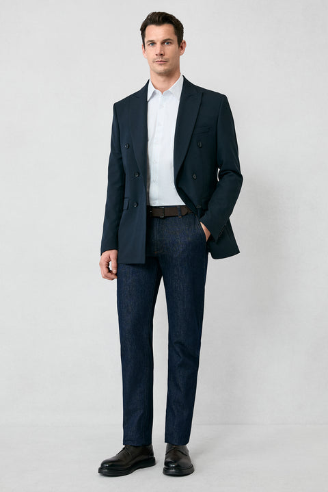 Koyu Lacivert 7 Drop Slim Fit Dar Kesim Mevsimlik Kruvaze Ceket