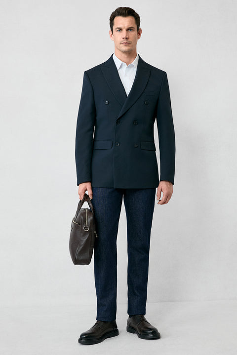 Koyu Lacivert 7 Drop Slim Fit Dar Kesim Mevsimlik Kruvaze Ceket