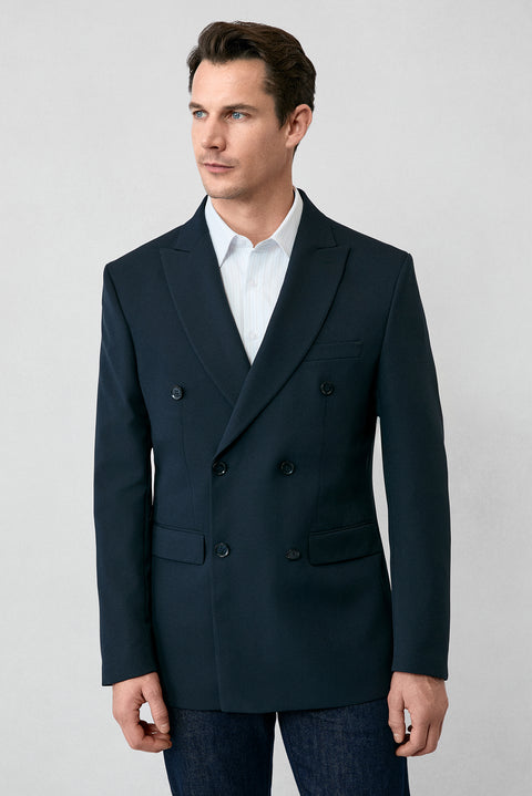 Koyu Lacivert 7 Drop Slim Fit Dar Kesim Mevsimlik Kruvaze Ceket