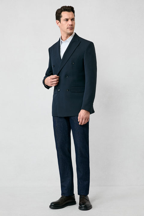 Koyu Lacivert 7 Drop Slim Fit Dar Kesim Mevsimlik Kruvaze Ceket