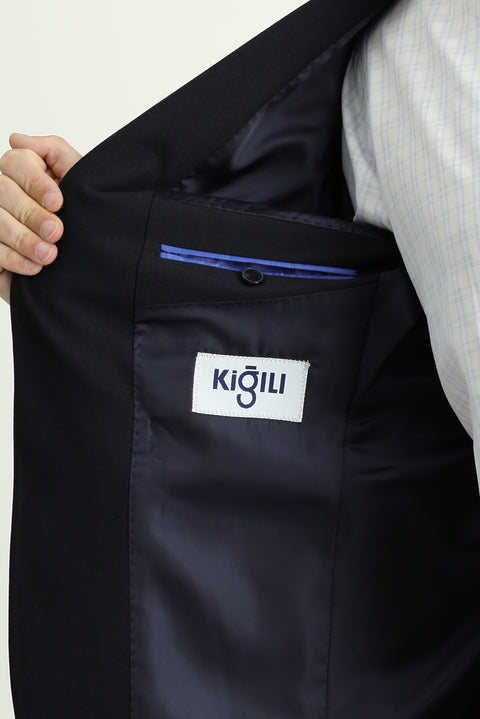 Koyu Lacivert 7 Drop Slim Fit Dar Kesim Yünlü Blazer Ceket
