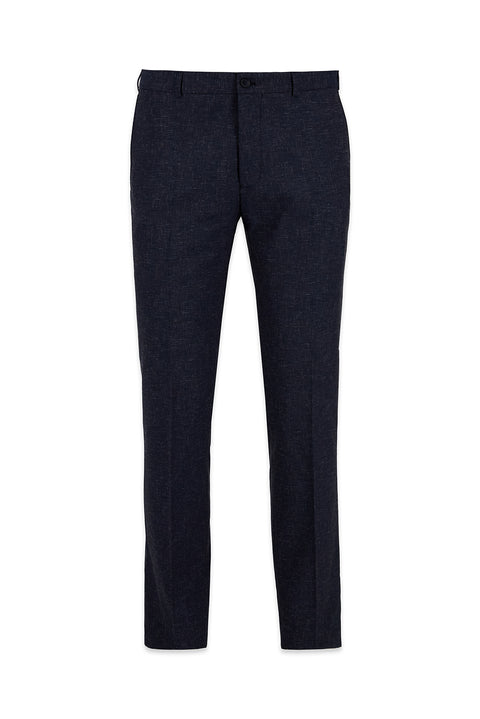Orta Lacivert 7 Drop Slim Fit Dar Kesim Keten Karışımlı Klasik Kumaş Pantolon